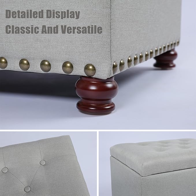 Decent Home Storage Ottoman, 24" Linen Fabric Rectangle Bench Foot Rest Stool, Fabric Footrest Ottomans with Storage, Storages Seats for Living Room, Bedroom, Office