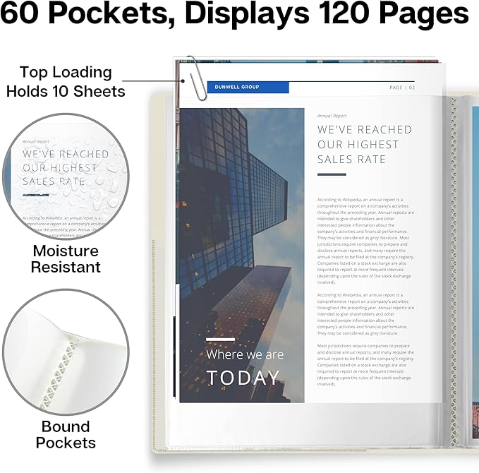 Dunwell Presentation Binder 60-Pocket, Displays 120 Pages, 8.5x11 Portfolio Binder with Plastic Sleeves, Storage and Organizer for Documents, Photos, Kids Artwork, Projects, Recipes (Ivory)