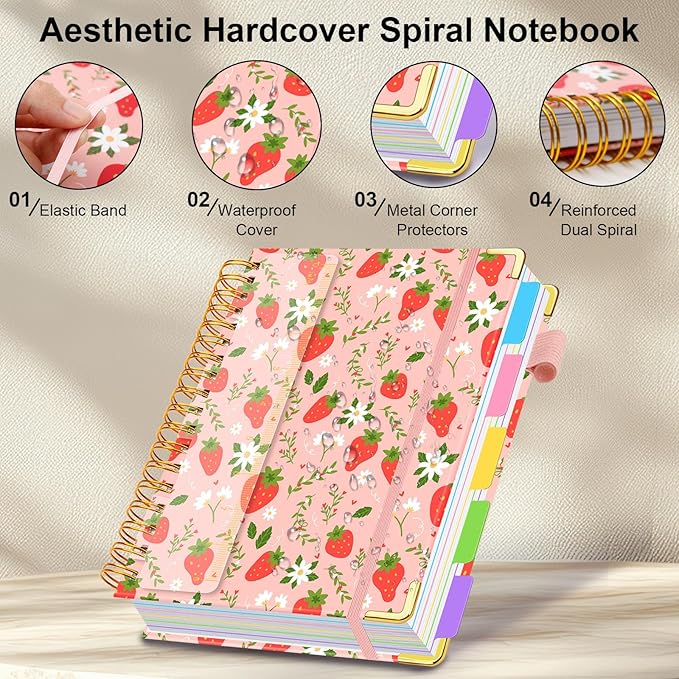 Spiral Journal Notebooks for Work, 300 Pages 5 Subject Notebook College Ruled with Dividers & Tabs, 8''x 10'' Large Notebook Journal for Women Students Note-Taking and Organizer (Pink Strawberry)