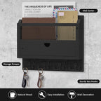 Nekon Mail Organizer with Drawer for Wall, 12"W x 10"H x 3.1"D Mail Sorter Wall Mounted, Wooden Key Holder Wall File Organizer Letter Sorter for Letter Magazines (Black)