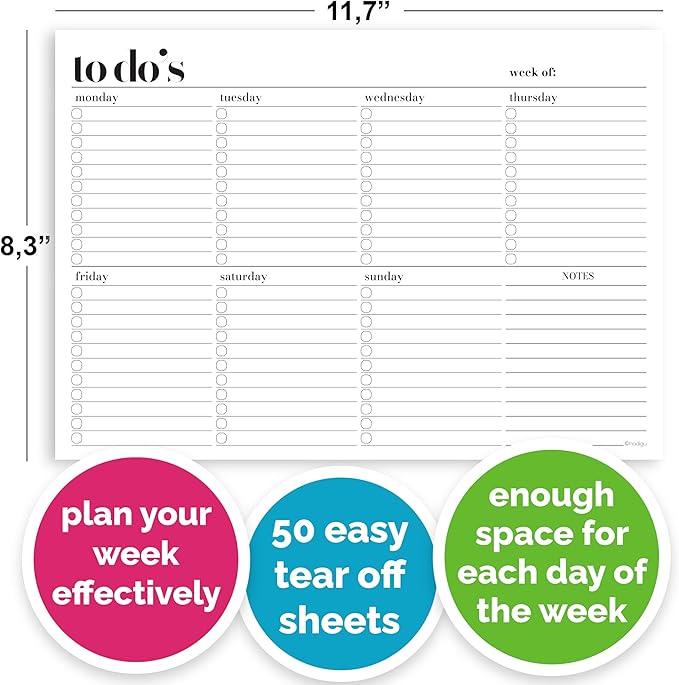 Weekly Planner Pad, Weekly To Do List Notepad, Tear Off Undated Weekly Planner Notepad, A4 Size (8,3" X 11,7"), Premium Thick Paper with Cardboard Back Support, Weekly Desk Planner by Hadigu