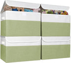 Bagnizer Large 22 Quart Linen Fabric Foldable Storage Bin Cube Organizer Basket with Flip-Top Lid & Handles, Clothes Blanket Box for Home, Office, Closet, Green & White, 4 Pack 14.6 x 9.5 x 9.5