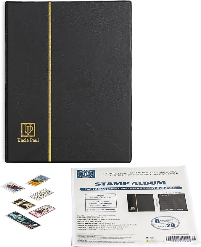 Stamp Albums 160 Pockets - Stockbooks with 30x197mm Sleeves, 10 Double Sided Black Page with Leatherette Padded Black Cover, Collection Storage Folder for Paper Money Postage Stamps AS0108BK