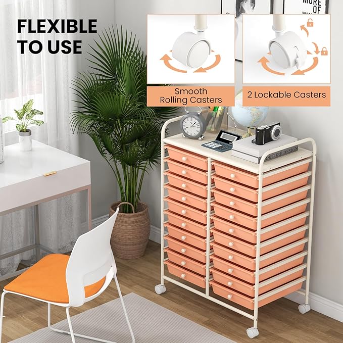 Happygrill 20-Drawer Organizer Cart Tools, Mobile Utility Storage Cart with Removable Drawers & Lockable Wheels, Rolling Storage Cart with wheels for Home Office School (Peach Fuzz)