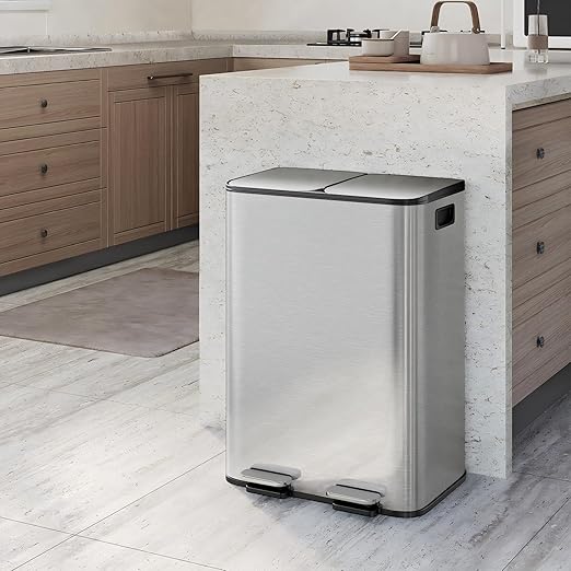 CABIHOME 2 x 8 Gal Stainless Steel Trash Can - Matte Black Dual Trash & Recycle Bin with Step-on Lid, PP Inner Buckets & Liner Rim for Kitchen