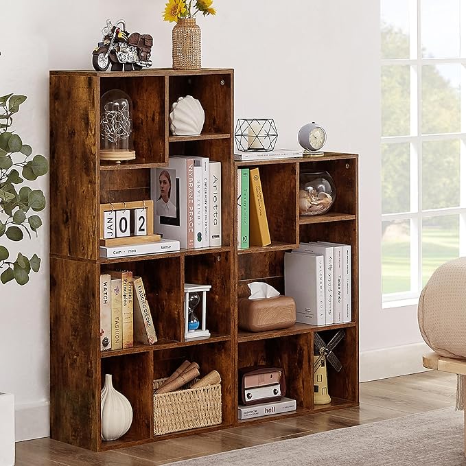 VECELO Wide Bookshelf Set, Fits 9.3" × 10-12.8" Hardcovers, Cube Storage Bookcases, Free-Standing for Living Room, Bedroom, Home Office, 3/4-Tier, 2-Pack, Brown