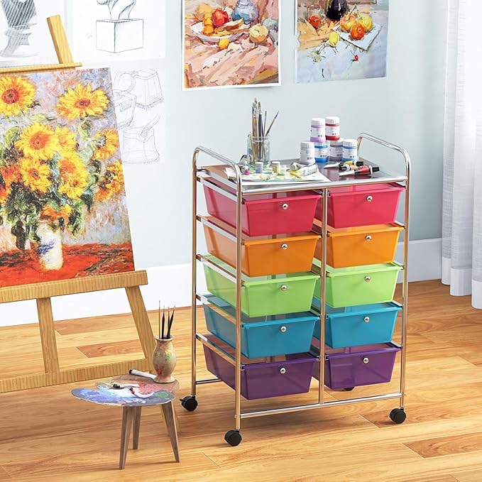LDAILY 10 Drawer Rolling Cart, Storage Cart Organizer on Wheels, Drawer Cart with Metal Frame & Large Storage Capacity, Rolling Cart with Drawers for Living Room Classroom, Office