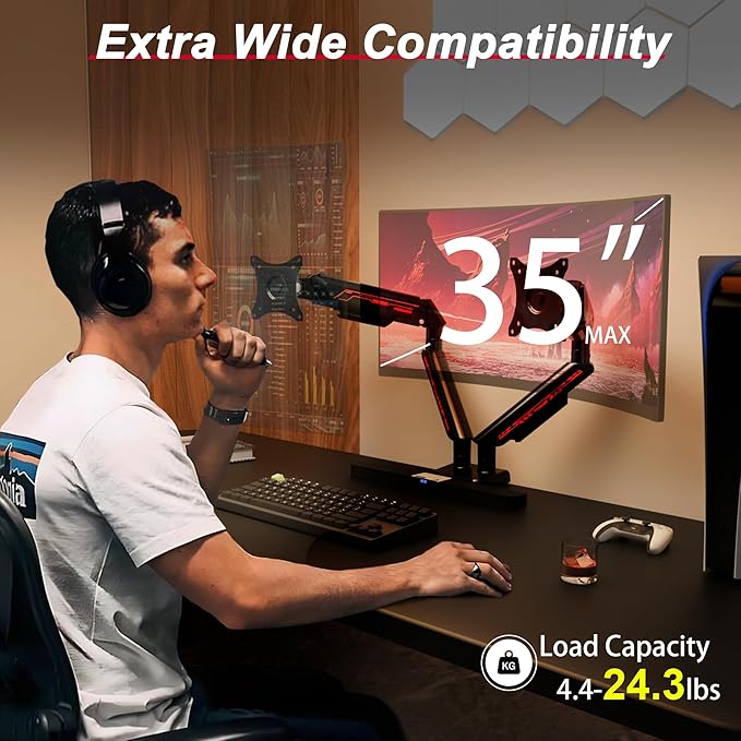 Fydeamer Dual Monitor Arm for 17-35" Screens up to 24.2 lbs, Ergonomic Gas Spring Monitor Stand with Height Adjust, Tilt, Swivel & Cable Management, VESA Desk Mount with 2 Types of Installation, Black