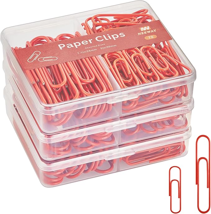 NEEWAY Colorful Paper Clips Assorted Sizes, Small and Large Paperclips, 210 Count, 3 Pack of 70 (Red)