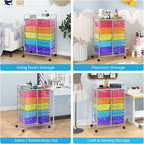 Giantex 15 Drawer Rolling Cart with Drawers, Storage Organizer Cart for Classroom Office School Teacher, Mobile Drawer Cart for Tools, Crafts, Small Printer, Paper (Clear Red+Orange+Green+Blue+Purple)