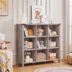 Joaxswe 9 Cube Bookcase, Farmhouse 47 Inch Wide Grey Oak Bookshelf, Wooden 3 Tier Display Large Open Book Shelf, Vintage Horizontal Book Case for Home Office, Cubby Storage Cabinet for Living Room