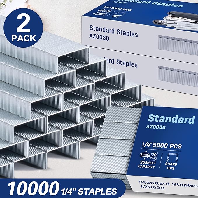 Deli Staples, 10000 Staples, Standard Staple for Desktop Staplers, 1/4'' Length, 210/Strip, 2 Boxes of 5000 Each