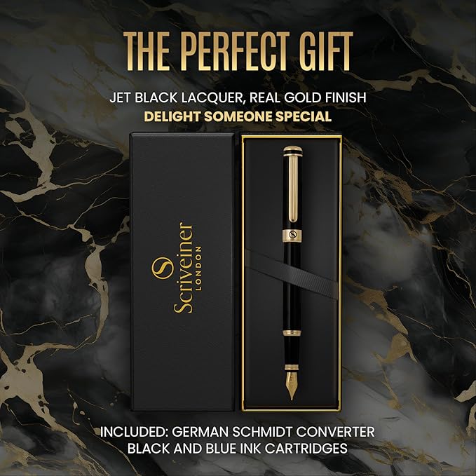 Scriveiner Luxury Fountain Pen - Stunning Black Lacquer Pen, Real Gold Finish, Schmidt Gilded Nib (Medium), Converter, Best Pen Gift Set for Men & Women, Professional, Executive, Office, Nice Pens