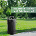 Zedfire 45 Gallon Black Waste Bin with Lid and Door, Outdoor Heavy-Duty Commercial Trash Can Steel Slatted, Round Recycle Container, Durable Garbage Can for Parks, Municipalities, Parking, Schools