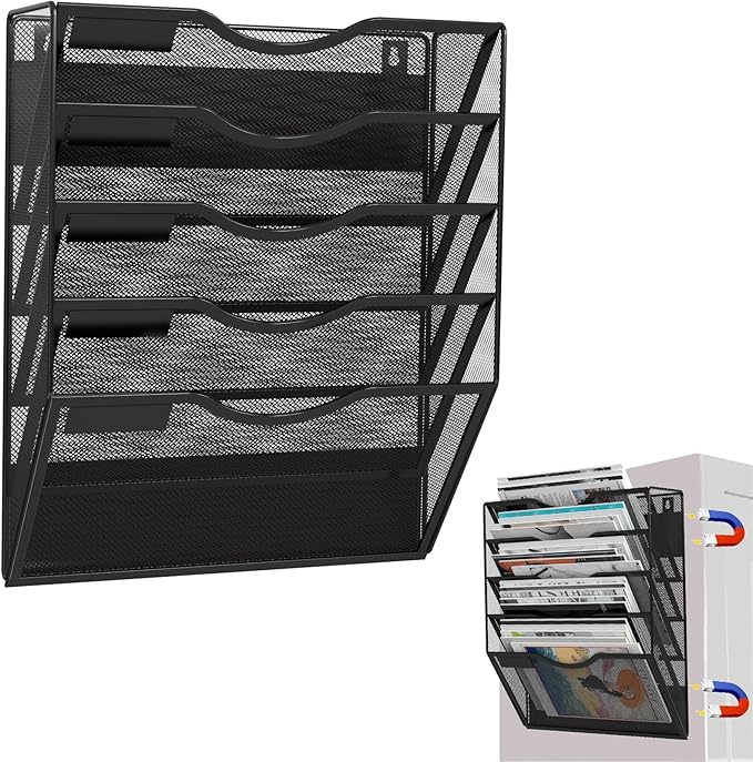 LQPAFZ 5-Tier Magnetic File Holder, No Drilling Installation File Cabinet Organizer, Black Magnetic File Organizer, Magazine Rack, Magnetic Paper Holder for Refrigerator, File Cabinets, Whiteboard