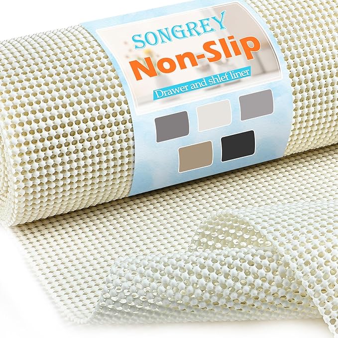 Songrey Non-Adhesive Drawer and Shelf Liner, Non Slip Cabinet Liners, Protect Kitchen Cupboard, Bathroom Drawers, Breathable, Thick Strong Grip mat (17.5IN x 20FT, Cream)