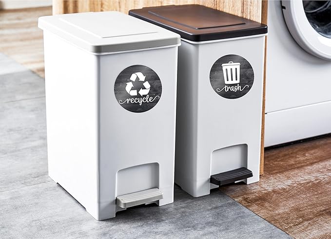 Farmhouse Recycling Stickers for Trash Can & Bins, 3.5" Recycle Stickers for Trash Bins, Laminated Recycle Sticker for Kitchen Garbage Can Recycling Bin Combo, Made in USA, Rustic Black Wood