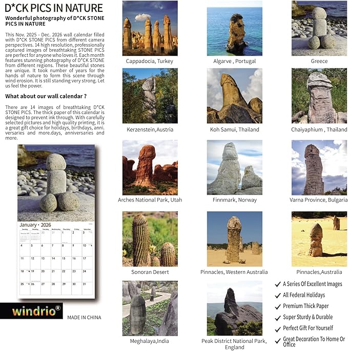 Gag Gifts 2026 Funny Wall Calendar, Natures Calendar for White Elephant Gifts with Thick Paper, November 2025 - December 2026, 14 Monthly Planner Organizer with Nature D'ck Pics, 12" x 24" Opened