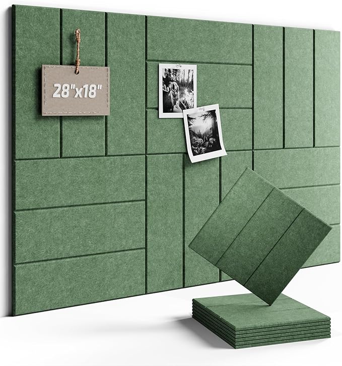 Fluxynara Felt Bulletin Board Tiles -28"x18" with 40 Adhesive Tabs, Cork Board Alternative for Office Decor, Push Pin Board Wall Organizer 6-Pack (Moss Green)