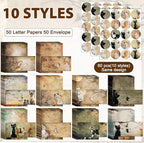 TaoBary 160 Pcs Stationery Paper Set 50 Double Sided Stationery Papers with 50 Matching Envelopes and 60 Round Dot Sticker, 10 Design(Kitten,8.5 x 11 Inch)
