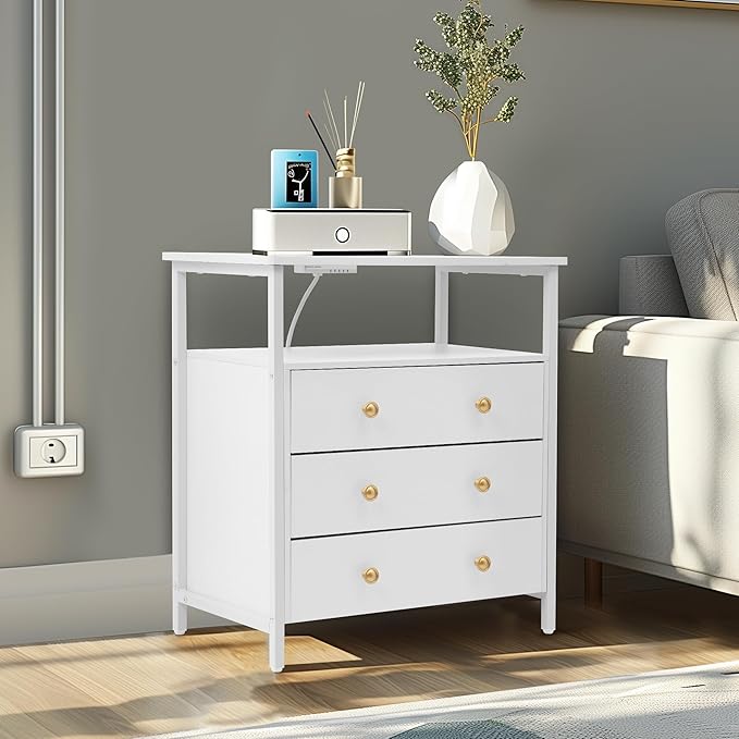 Edbuosy 3 Wooden Drawers Night Stand, 27 Inch Wide Nightstand with Charging Station and Adjustable Drawers, Small Dresser for Closet, Bedside Table for Living Room/Bedroom/Office, White.