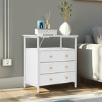 Edbuosy 3 Wooden Drawers Night Stand, 27 Inch Wide Nightstand with Charging Station and Adjustable Drawers, Small Dresser for Closet, Bedside Table for Living Room/Bedroom/Office, White.