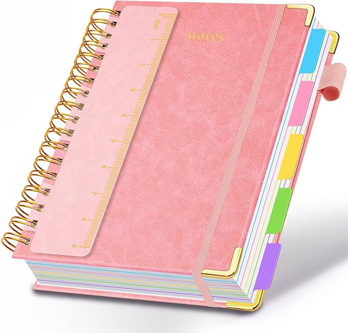 Hardcover Spiral Notebook 8"x10" Journal Notebook with Tabs and Removable Dividers 300 Pages 5 Subject Notebook College Ruled, Faux Leather Spiral Bound Notebook for Women School Work (Pink)
