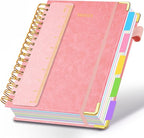 Hardcover Spiral Notebook 8"x10" Journal Notebook with Tabs and Removable Dividers 300 Pages 5 Subject Notebook College Ruled, Faux Leather Spiral Bound Notebook for Women School Work (Pink)