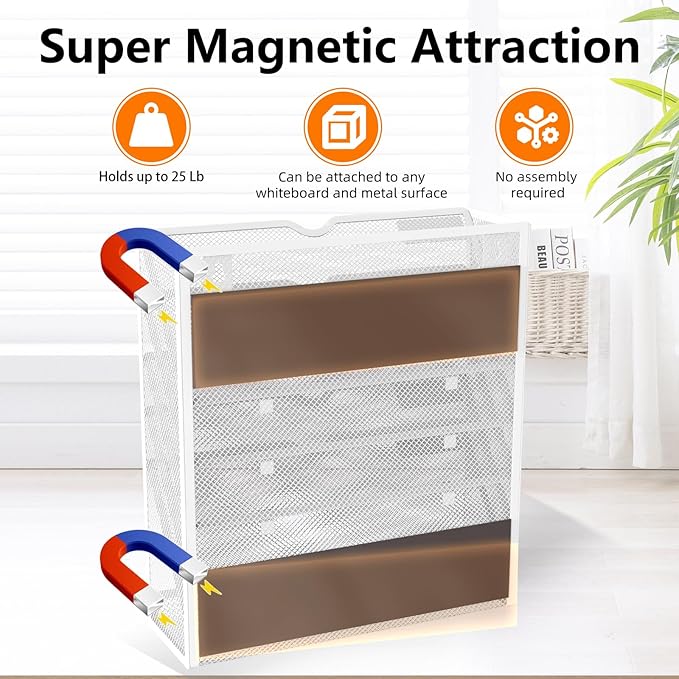 KZWKRG 6 Tier Magnetic File Holder, Large Capacity Mesh Hanging Wall Organizer Vertical Magnetic Hanging File Organizer, Magnetic File Folder Holder for File Cabinets, Office, Whiteboard (White)