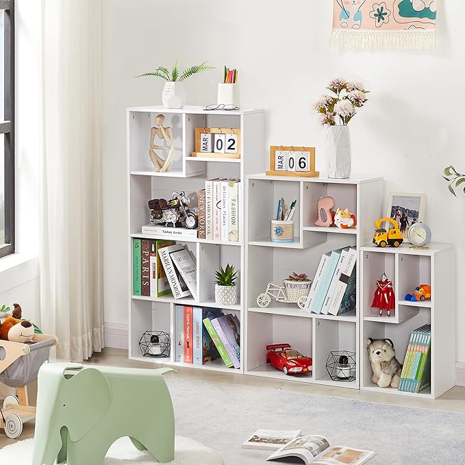 VECELO Wide Bookshelf Set, Fits 9.3" × 10-12.8" Hardcovers, Cube Storage Bookcases, Free-Standing for Living Room, Bedroom, Home Office, 2/3/4-Tier, 3-Pack, White