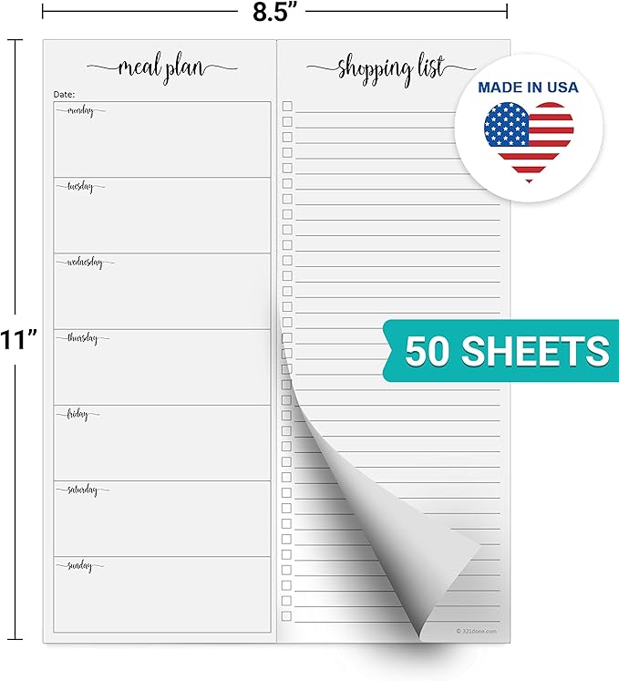 321Done Meal Planning Notepad - Made in USA - Large Letter Size (8.5x 1) Weekly Menu Planner Tear-Off Simple Shopping List Meals Groceries Grocery List Memo Pad - Perforated Monday Start