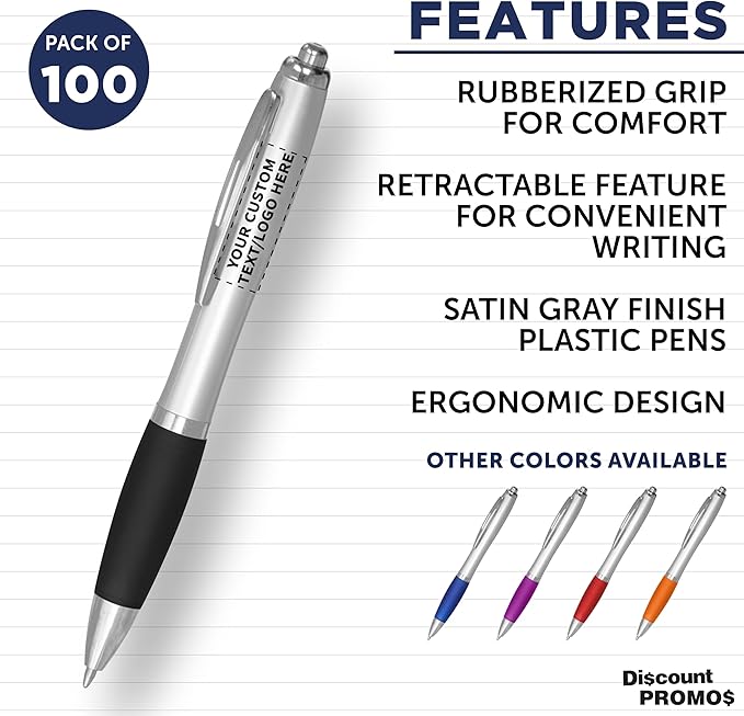 DISCOUNT PROMOS Personalized Ballpoint Pens With Rubber Grip, 100 pack Customizable Ergonomic Click-to-Write Custom Writing Pens for School with Black Ink, Black