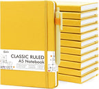 12 Pack Notebooks Journals Bulk with 12 Black Pens, Feela A5 Hardcover Notebook Classic Ruled Journal Set with Pen Holder for School Business Work Travel Writing, 120 GSM, 5.1”x8.3”, Yellow