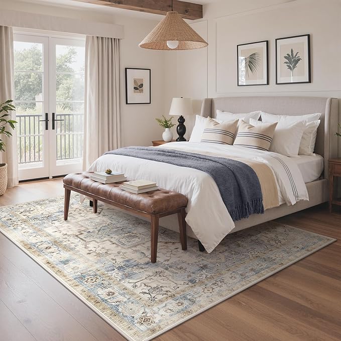 GENIMO 5x7 Area Rugs for Living Room, Machine Washable Rug, Non Slip Indoor Vintage Rug, Low Pile Lightweight Chenille Print Carpet for Bedroom Dining Room Home Office, Mint Sage