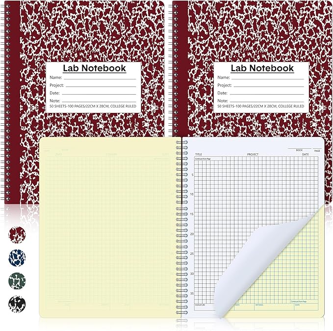 Affrolling 2 Pack Carbonless Lab Notebook Carbon Copy 8.5'' x 11'' 50 Sets of Pages 100 Pages Total Laboratory Engineering Chemistry Computation Notebook Science Grid Coil Binding(Wine Red and White)