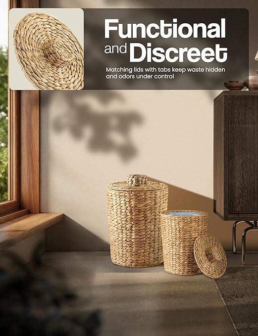 Tidita Set of 2 Wicker Trash Can with Lid - Water Hyacinth Wicker Waste Basket for Bathroom - Bathroom Garbage Can with a Lid - 2 Gallon & 4 Gallon Decorative Rattan Trash Can with Removable Liner