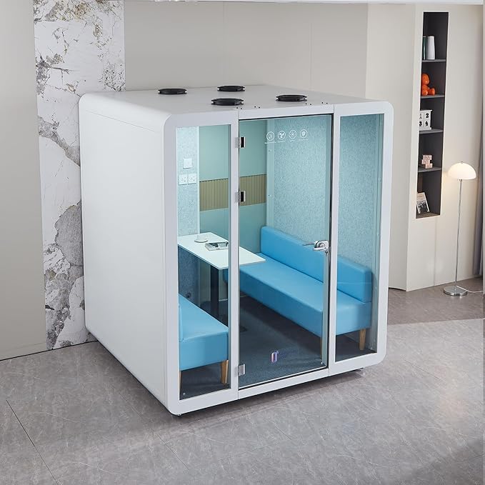 GEARONIC Mobile Office Pod Booth, Sound Proof Office Booth Pod with Mobile Roller, Larger Space for 4-6 People, LED Lighting System,Fans and AC USB Ports