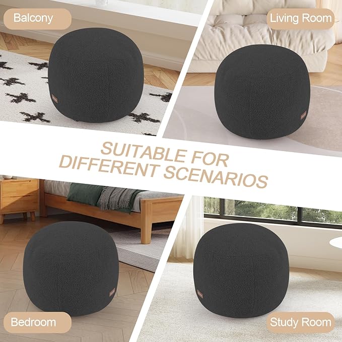 MeMoreCool Round Pouf Ottoman – 20x20x15 Inch Stuffed Footrest with Foam Filling, Dark Grey Small Circle Footstool for Living Room | Soft Teddy Fleece Cover | Washable Compact Floor Pouf