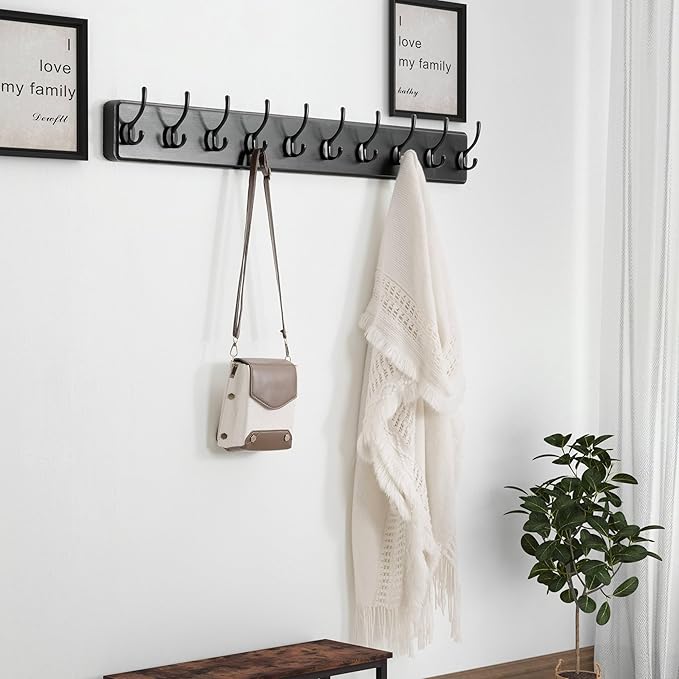 Dseap Wall Mounted Coat Rack: 38-1/4" Long, Patented, Heavy-Duty, 10-Double-Hooks Wooden Hanger Rail for Winter Coats, Hats, Jackets, Clothing - Black, Pack of 2