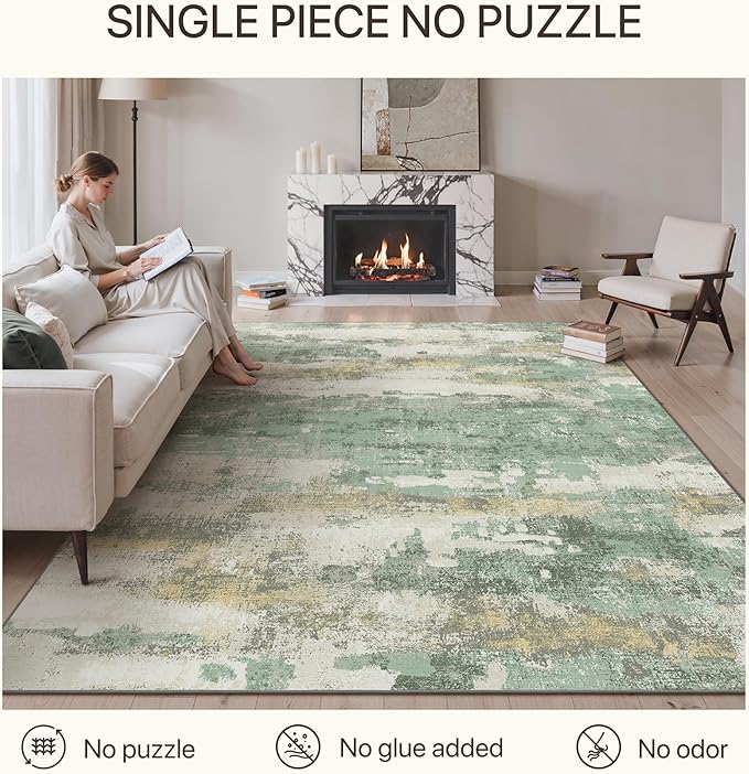 GENIMO No Crease Non Slip 6x9 Area Rugs for Living Room, Craft Woven Modern Abstract Rug, Soft Floor Carpet, Single-Piece Rugs for Bedroom, Dining Room, Office, Green Gray
