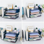 OPNICE Desk Organizer, 4-Tier Desktop File Organizer with Drawer and 2 Pen Holders, Office Desk Accessories, File Sorters, Workspace Organizers for Office Supplies(Dark Blue)