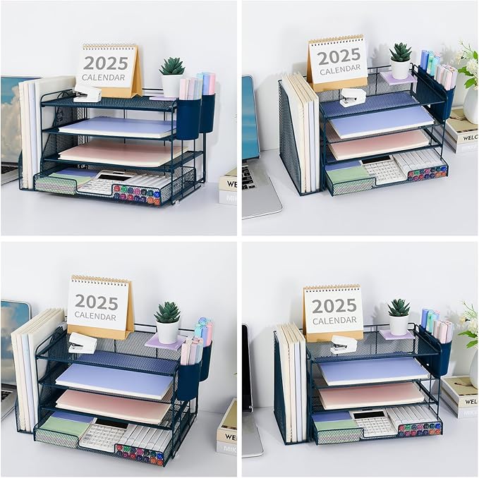 OPNICE Desk Organizer, 4-Tier Desktop File Organizer with Drawer and 2 Pen Holders, Office Desk Accessories, File Sorters, Workspace Organizers for Office Supplies(Dark Blue)