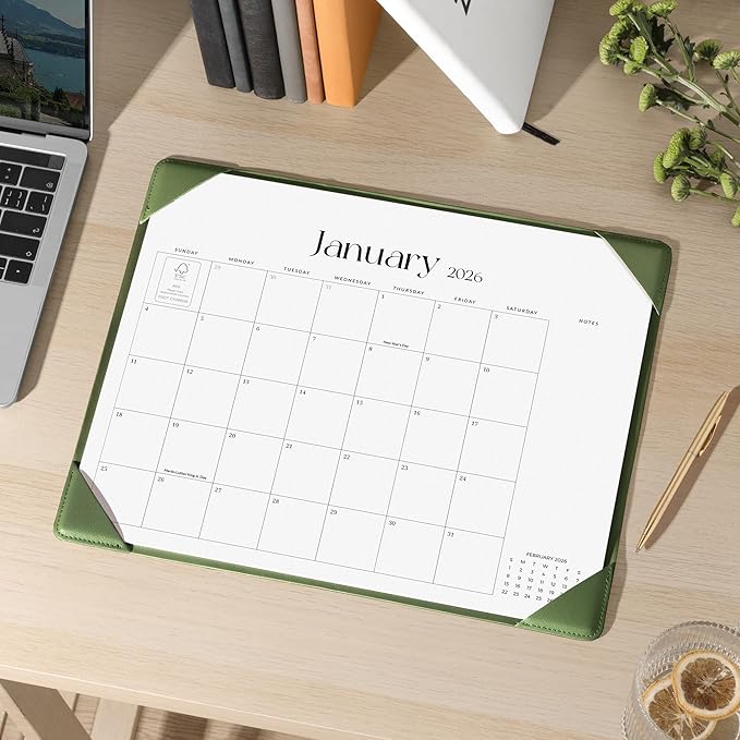 Cabbrix Desk Calendar 2026 with Desktop Mat, Simplified Medium Desk Pad Calendar 15" x 12" January 2026 to June 2027, Desk Blotter Calendar for Home School and Office (Green)