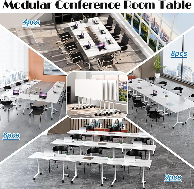 Conference Table Flip Top Mobile Conference Room Tables,Folding Conference Table with Wheels,Large Meeting Training Seminar Table Saving Space for Office Classroom (2, White, 61'')