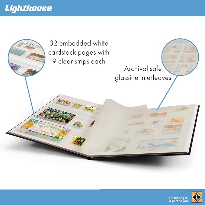 LIGHTHOUSE – “BASIC” Hard Cover Stockbook for Stamps – 32 White Cardstock 9”x12” (A4) Pages with Glassine Strips - Blue