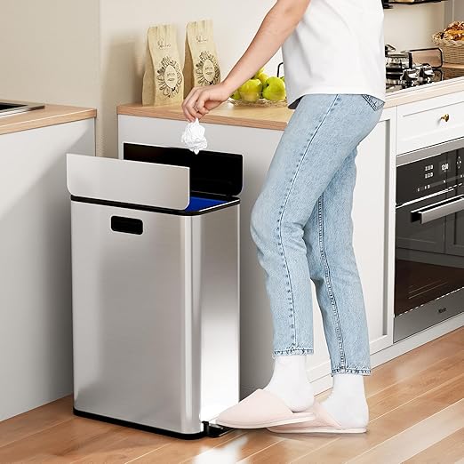 Garvee Kitchen Dual Trash Can, 15 gal Large Recycling Bin Garbage Can with Butterfly Lid, Fingerprint Resistant Stainless Steel Trash Bin for Kitchen, Living Room, Office (2 x 28 L)