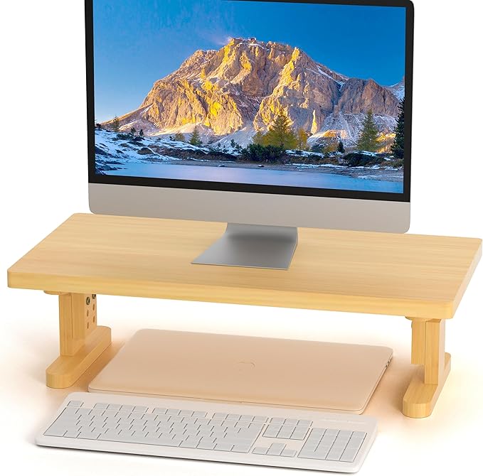Qecamy Bamboo Monitor Stand Riser for Desk, Height Adjustable Computer Riser & Laptop Stand, Ergonomic Desktop Organizer Shelf W/ Underneath Storage, Sturdy 100 lbs Capacity for Printer/TV/Home Office