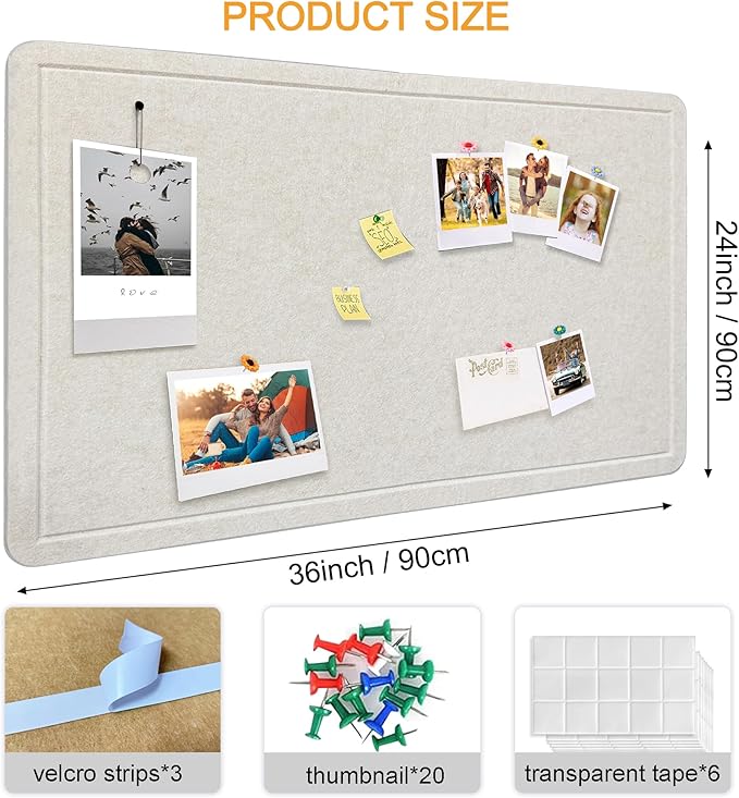 Yunihome Large Bulletin Board - Foldable 36x24 Inches Cork Board Alternative with 20 Push Pins, 3' x 2' Self-Adhesive Felt Bulletin Board for Wall, Home Office Classroom Decor