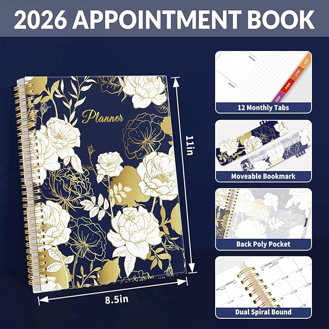 SUNEE 2026 Appointment Book, Quarter-Hourly, Weekly & Monthly - from January 2026 - December 2026, 8.5"x11" Weekly Planner, Flexible Cover, Note Pages, Pockets, Bookmark, Spiral Binding, Dark Blue