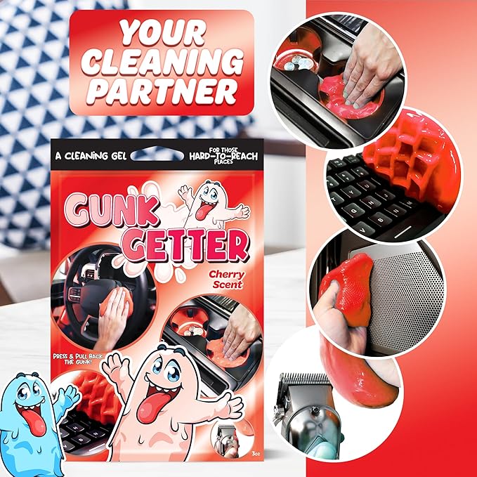 Gunk Getter, Cleaning Gel for Those Hard to Reach Places, Automotive Cup Holder Electronic Keyboard Office, Slime Gel Cleaner Dust Crumb Removal (Cherry, 12 Pack)